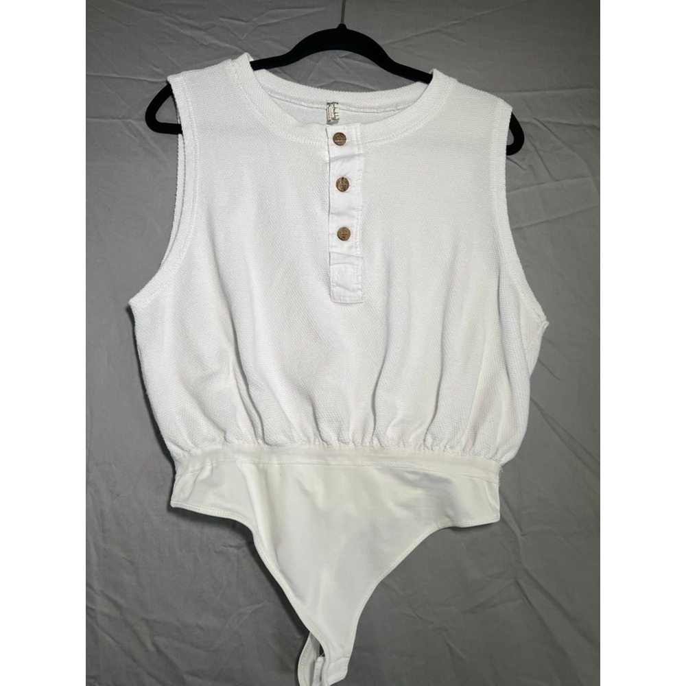Intimately Free People Waffle Knit Henley Bodysuit White Sleeveless Blouson Med